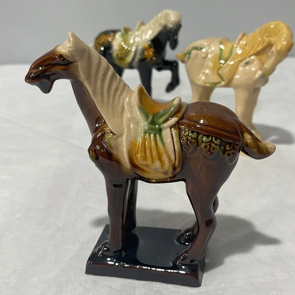 Vintage Chinese Tang Dynasty Majolica Sancai Drip Glaze War Horses set of 6 - Picture 8 of 16